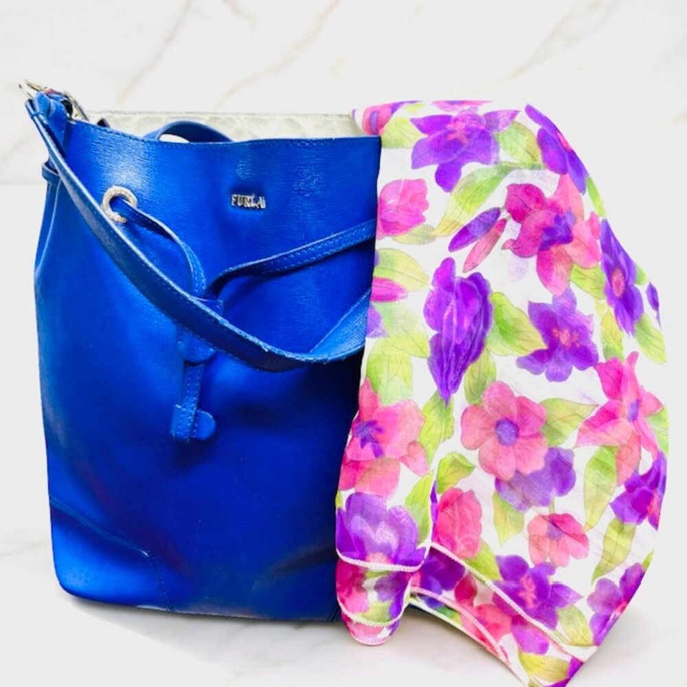 Furla Blue Leather Hobo Shoulder Bag 13"x4"x11" +FREE Chiffon Floral Scarf (40 - Picture 6 of 15